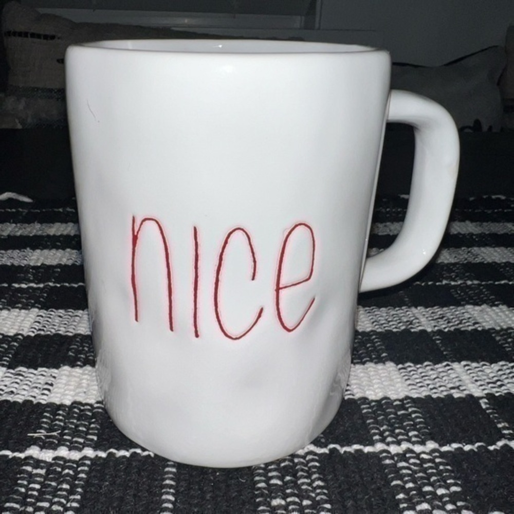 UEC TARA REED “NICE” COFFEE MUG IVORY WHITE MUG NICE WRITTEN IN RED